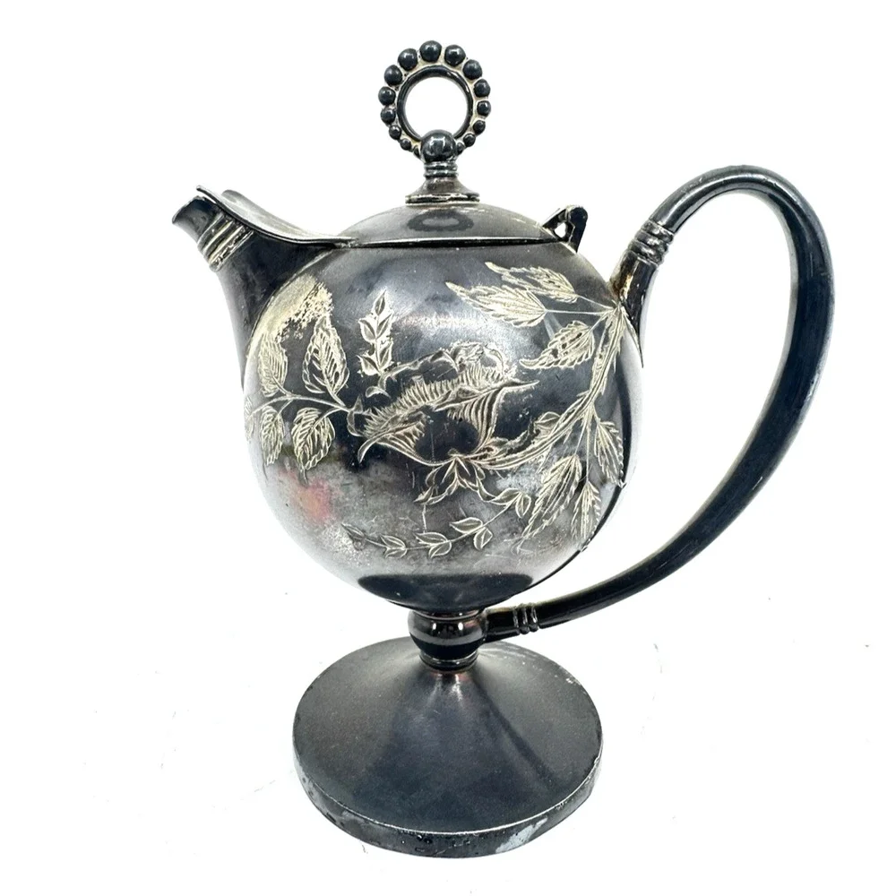 James W Tuft Quadruple Plate 1963 Etched Footed Syrup Pitcher Floral Boston